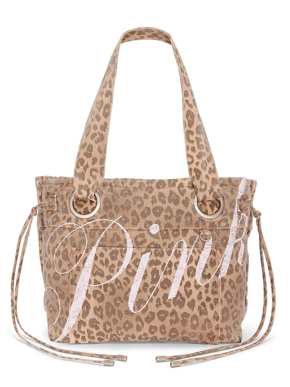 New Tan VS PINK Tote Bag Canvas Flat Bottom Purse Cheetah Handbag NWT Leopard